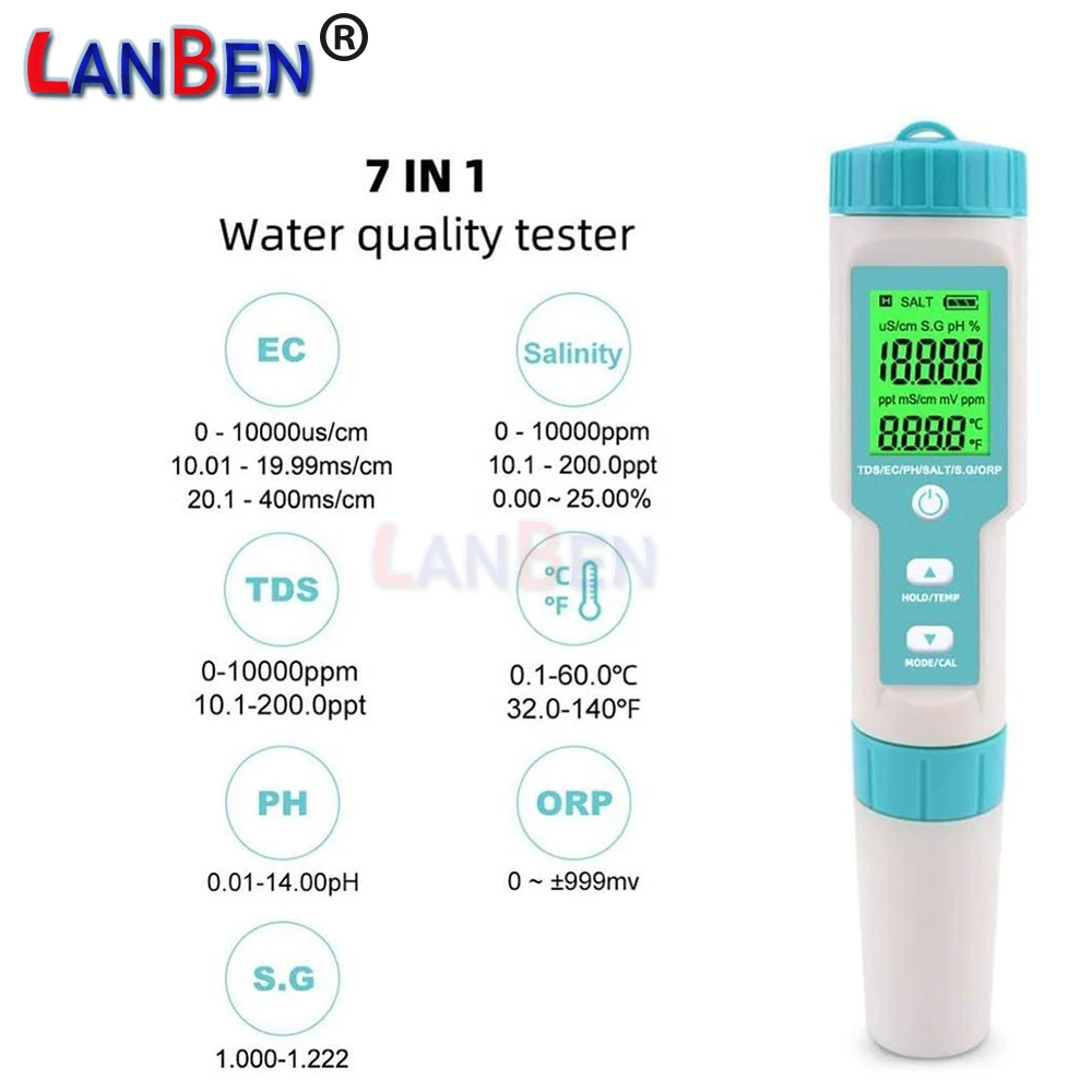 7 in 1 PH Meter Salinity PH TDS EC ORP S.G TEMP Water Quality Tester Swimming Pool Monitor Aquarium Analysis Instrument