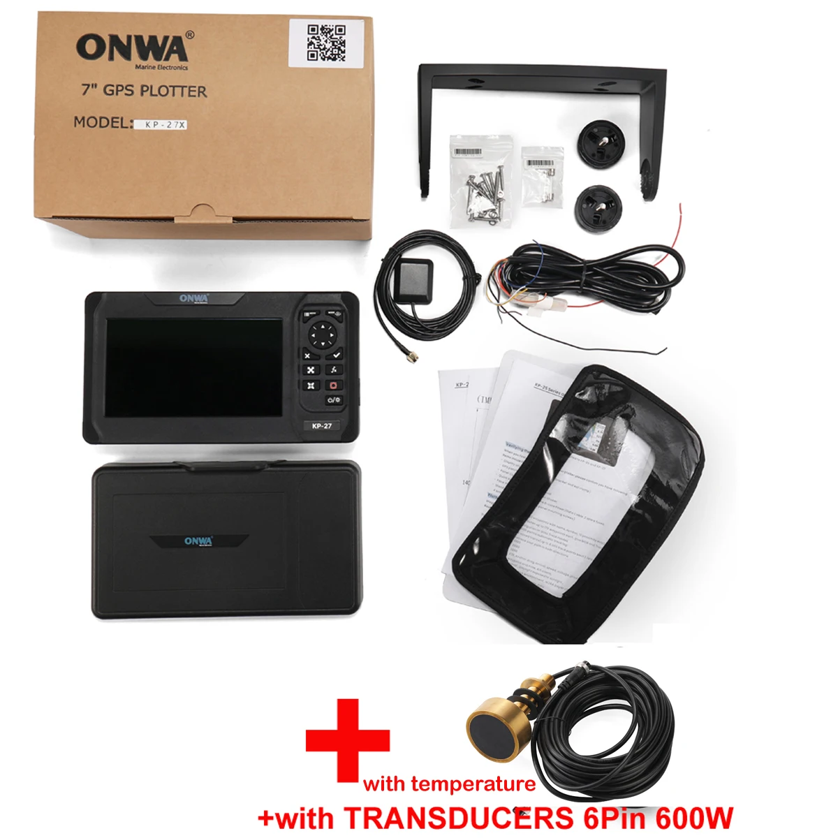 ONWA KP-27X 7-inch IP66 Marine GPS Chart Plotter  4-IN-1 with Echo Sounder with AIS Built-in Fish Finder with TRANSDUCERS