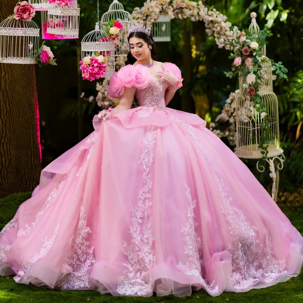 

Pink Quinceanera Dresses for Girls Tiered Rhinestones Sweetheart A-line Corset Vestidos De 15 Customized