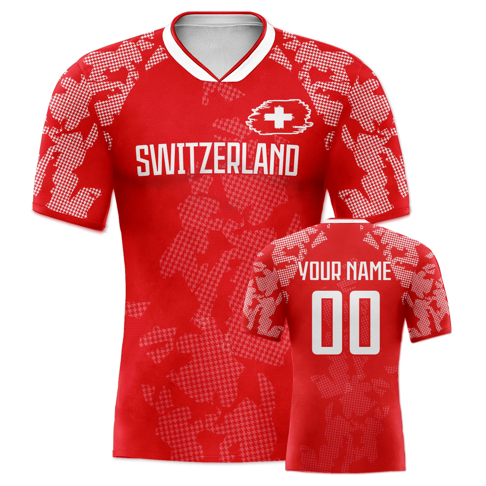 Custom Switzerland Soccer Jersey Personalized Name Number, National Team Football Shirt V-Neck Flag Design for Men Kids Women