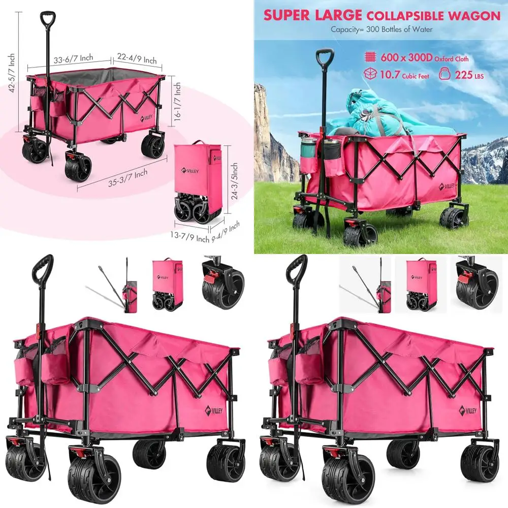 

Pink Heavy-Duty Folding Utility Wagon with Large Wheels, 225lbs Capacity, All-Terrain, Portable Garden Cart, 2 Cup Holders, and