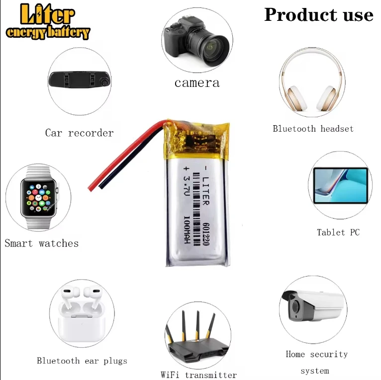 Li polymer 601220 3.7V 100mAh lithium Polymer lipo battery with PCB and wire
