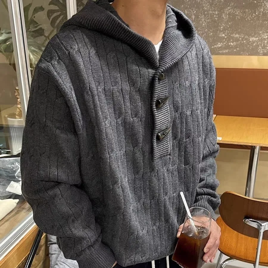 

Мужской вязаный кардиган свободного кроя на осень-зиму с пуговицами-клевантами, повседневный, из полиэстера, с длинными рукавами и капюшоном