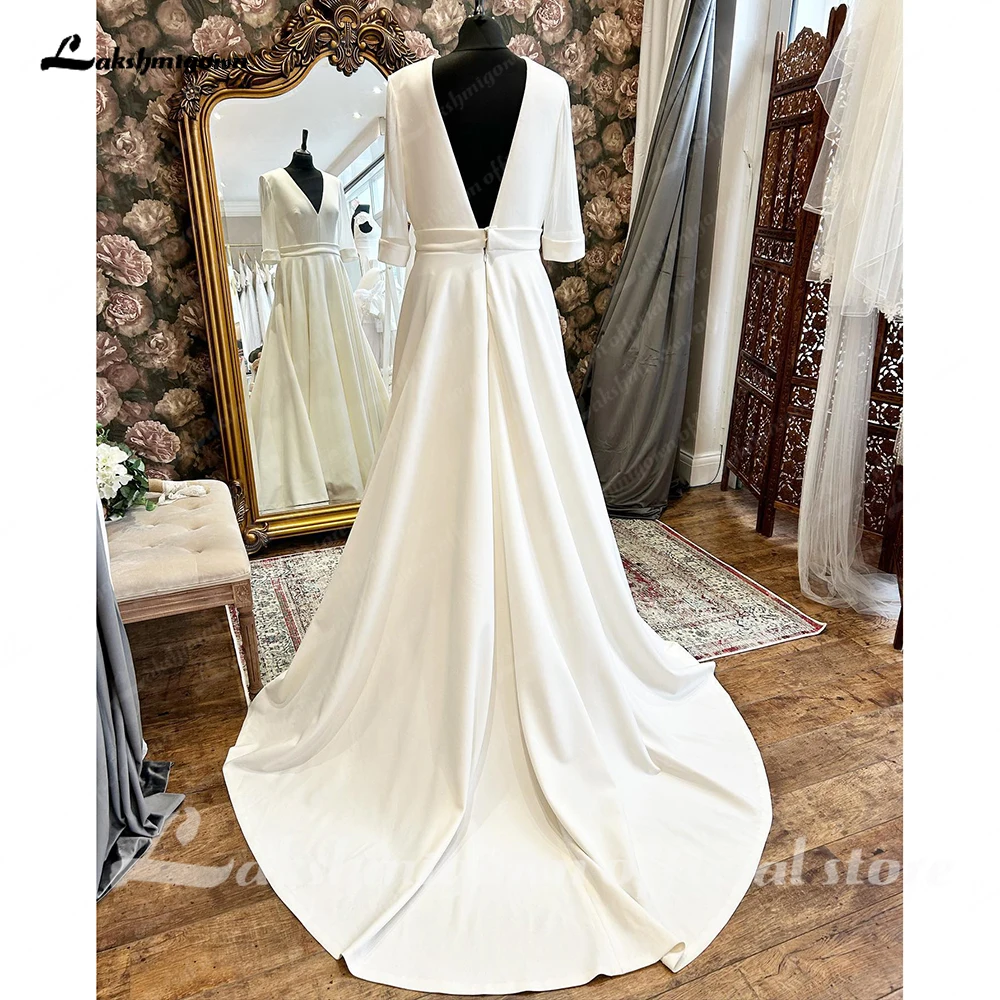 Lakshmigown Half Sleeves Crepe Boho Beach Wedding Dress with V Neck 2024 Sweep Train Bridal Gown  robe mariage femme Elegant