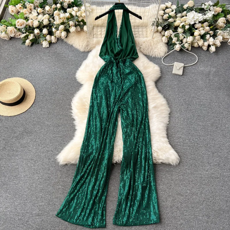 HKSH Women Jumpsuit Sequined Luxury High-end Halter Neck Backless Off-shoulder Sleeveless Waist Cinching Chic Tide Pants HK21044