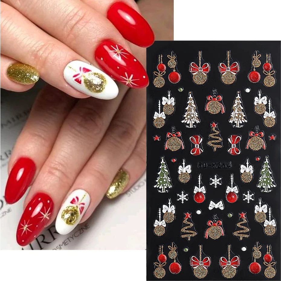 5D Winter Nail Stickers Gold Silver White Christmas Tree Christmas Lights Bow Design New Year Christmas Manicure Decal LE5D-K264