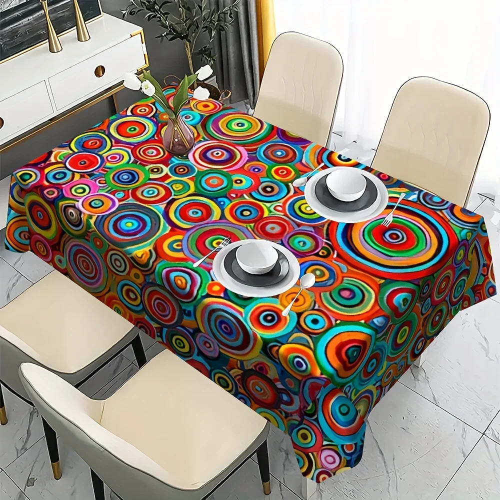 A daily tablecloth featuring a bright multi-color concentric circle pattern, machine washablexzj