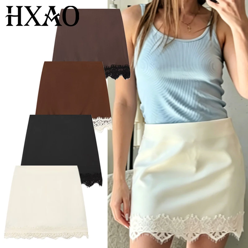 

HXAO Lace Satin Culottes Women's Skirt Summer 2026 Sexy Mini High-Waist Culottes Chic White Black Brown Dark Brown Skirt Shorts