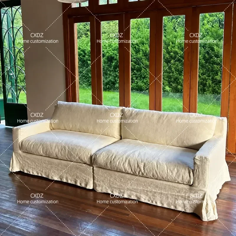 Japanese Wabi Sabi Style Cream Cotton Linen Sofa Removable Washable Cover Super Soft Straight Row Living Room Furniture