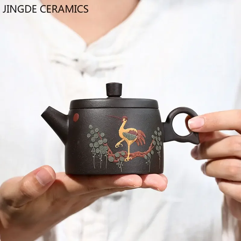 

210ML Real Handmade Yixing Black Gold Sand Teapot Yixing Purple Clay Kettle Crane Pattern Meaning Health Longevity Puer Tea Pot