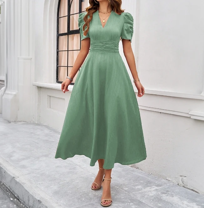 

Vacation Fashion Women's Long Dress with Bubble Sleeves Versatile Commuting Style Elegant and Solid Color Waist Cinching Dress