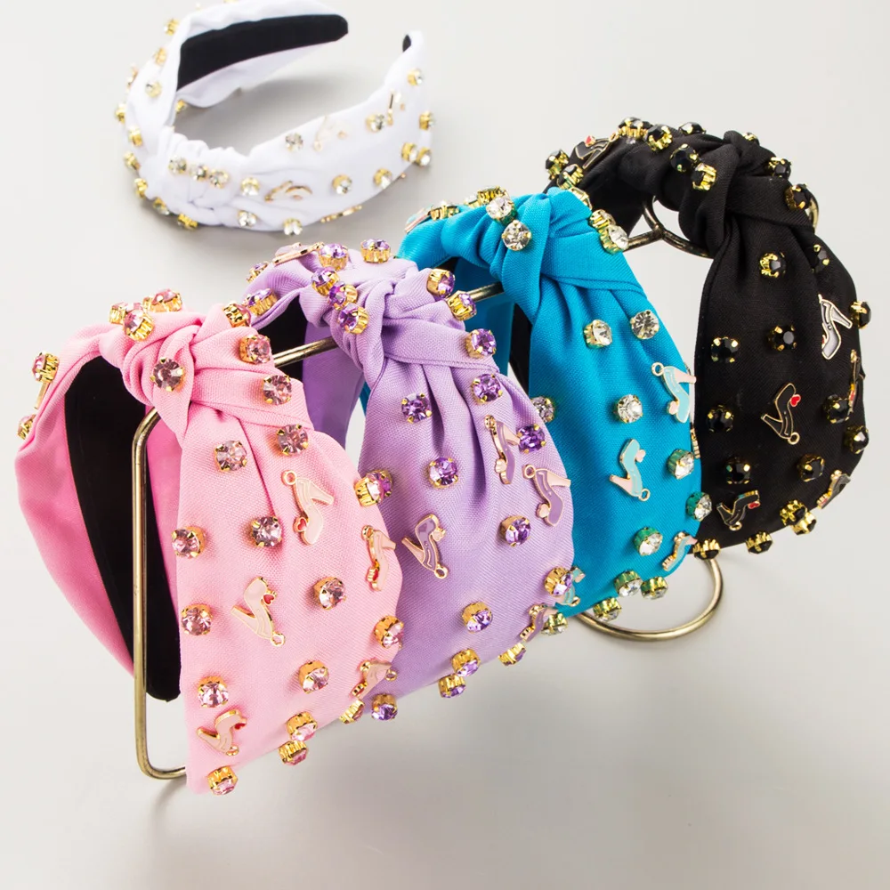 

High Heel Charm Embellished Urban Nightout Knot Headband Sparkling Gem Stone Modern Trendy Club Cocktail Party Hairwear