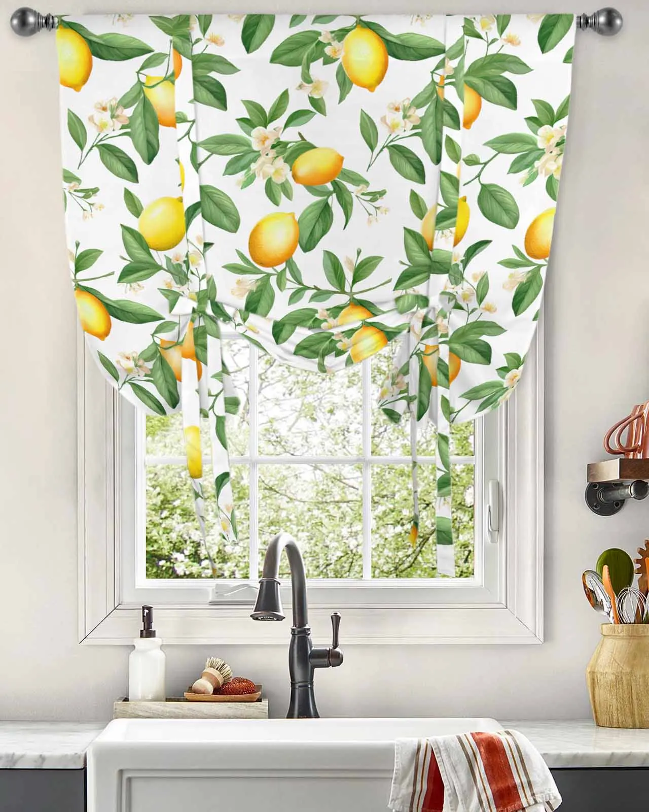 Lemon Leaves Flowers Window Curtain for Living Room Bedroom Balcony Cafe Kitchen Tie-up Roman Curtain