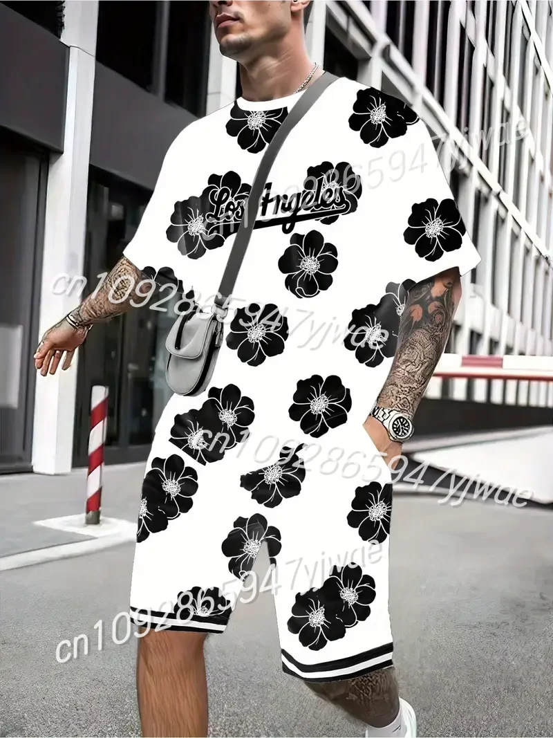 

Men's Los Angeles Flower Print Short Sleeve T-Shirt & Shorts Set Round Neck Gradient Short Sleeved Women's T-shirt Shorts Set