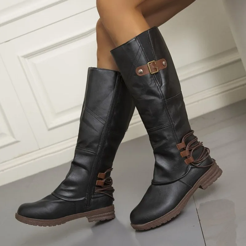 Comemore herfst en winter nieuwe kniehoge laarzen voor dames lederen vierkante lage hak hoge laarzen Romeinse stijl riemgesp lange Botas