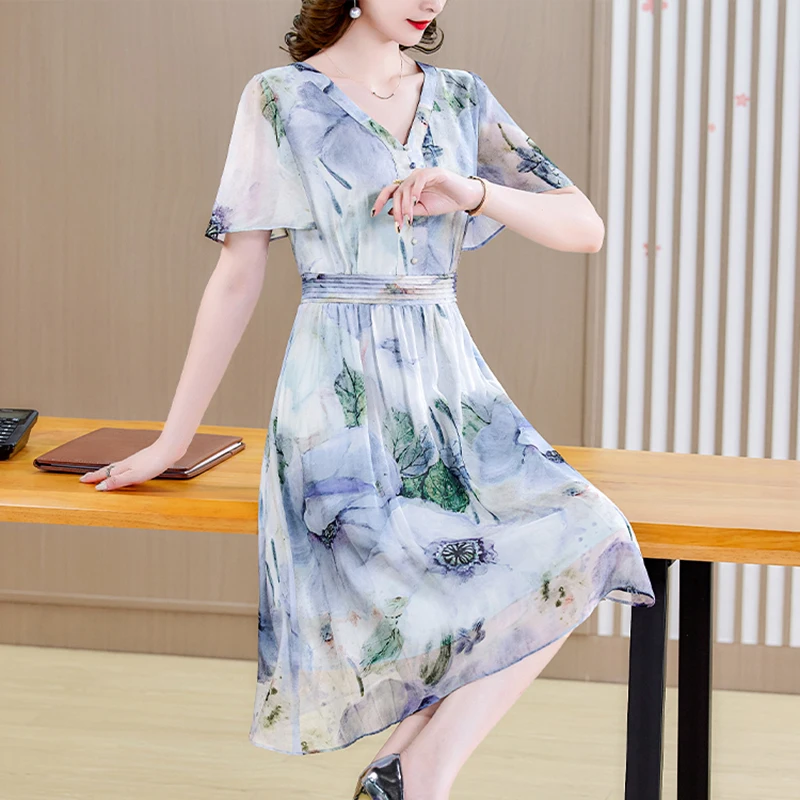 Summer Floral Chiffon V-Neck Midi Dress Women Korean Fashion Light Beach Sundress 2024 Elegant Bodycon Elastic Waist Vestidos