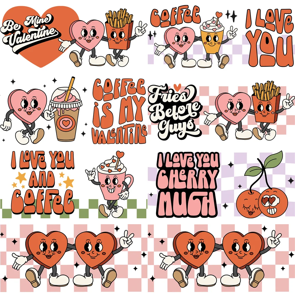 Retro Valentine 3D UV DTF Cup Wrap for 16oz Libbey Glass Cup Heart Coffee Fries Cartoon Waterproof Transfer Sticker Decal