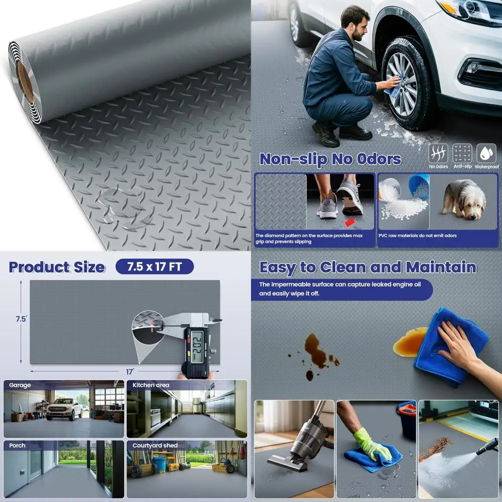 Heavy-Duty PVC Garage Floor Mats 7.5x17FT Diamond Plate Anti-Slip Waterproof Flooring Roll for Underneath Vehicles and Equipment