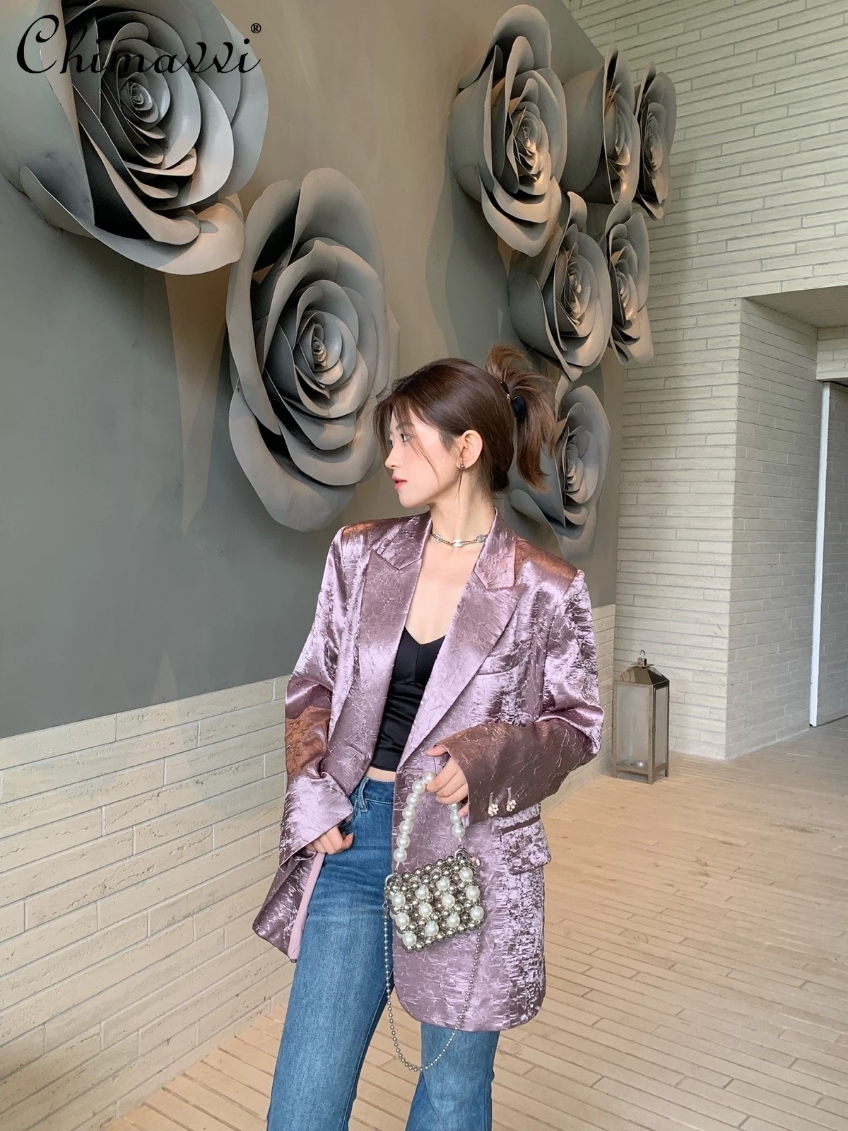 

Gray Pleated Texture Suit Jacket for Women 2024 Autumn Clothes New High-end Gem Buckle Purple Loose Long Sleeve Leisure Blazers
