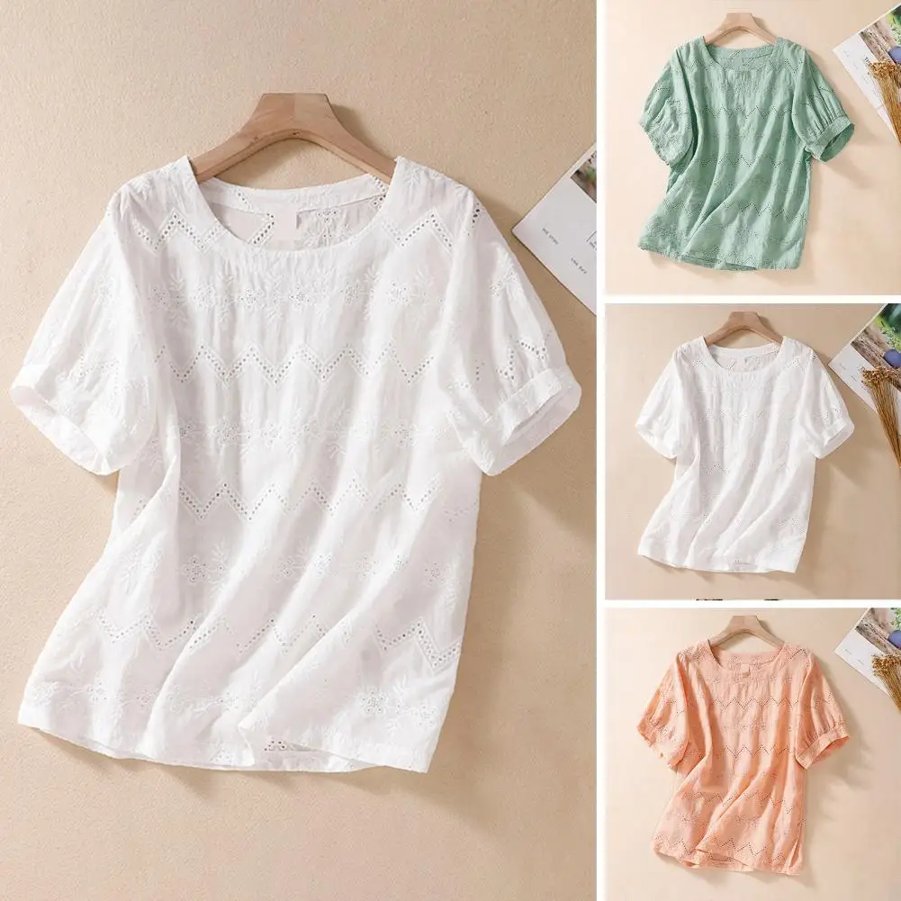 

Women T-shirt Stylish Summer Tops Embroidered Floral Tee Ruffle Chiffon Blouse Loose Fit Tunic Women's Casual O-neck Short for A