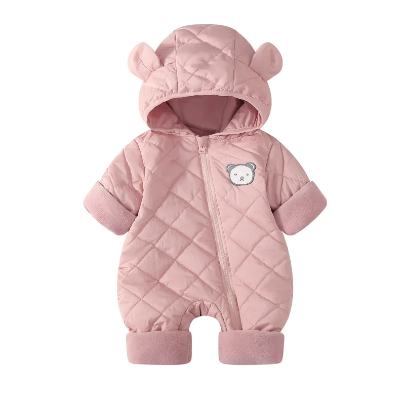 Newborn Baby Winter Cute Bear Ear Hooded Romper New 2026 Toddler Casual Cartoon Zipper Cotton-padded Warm Thick Rompers Playsuit