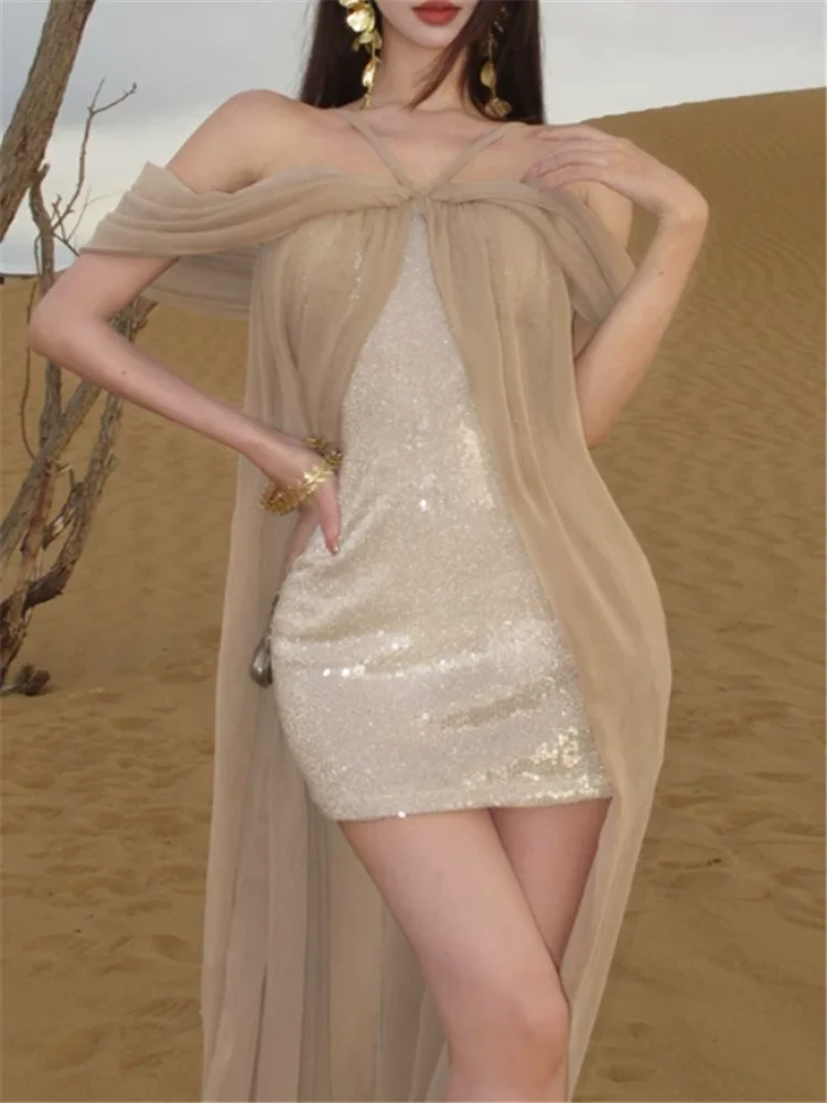 

Luxury Runway Design Sparkling Sequined Birthday Party Dress Elegant Stunning Women Halter Mesh Patchwork Evening Banquet Dress