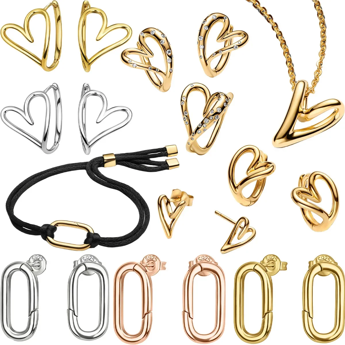 Hot Sales Original 925 Sterling Silver Heart Set Earrings Ring Fit DIY Bracelet Necklace Women's Birthday Party Jewelry Set