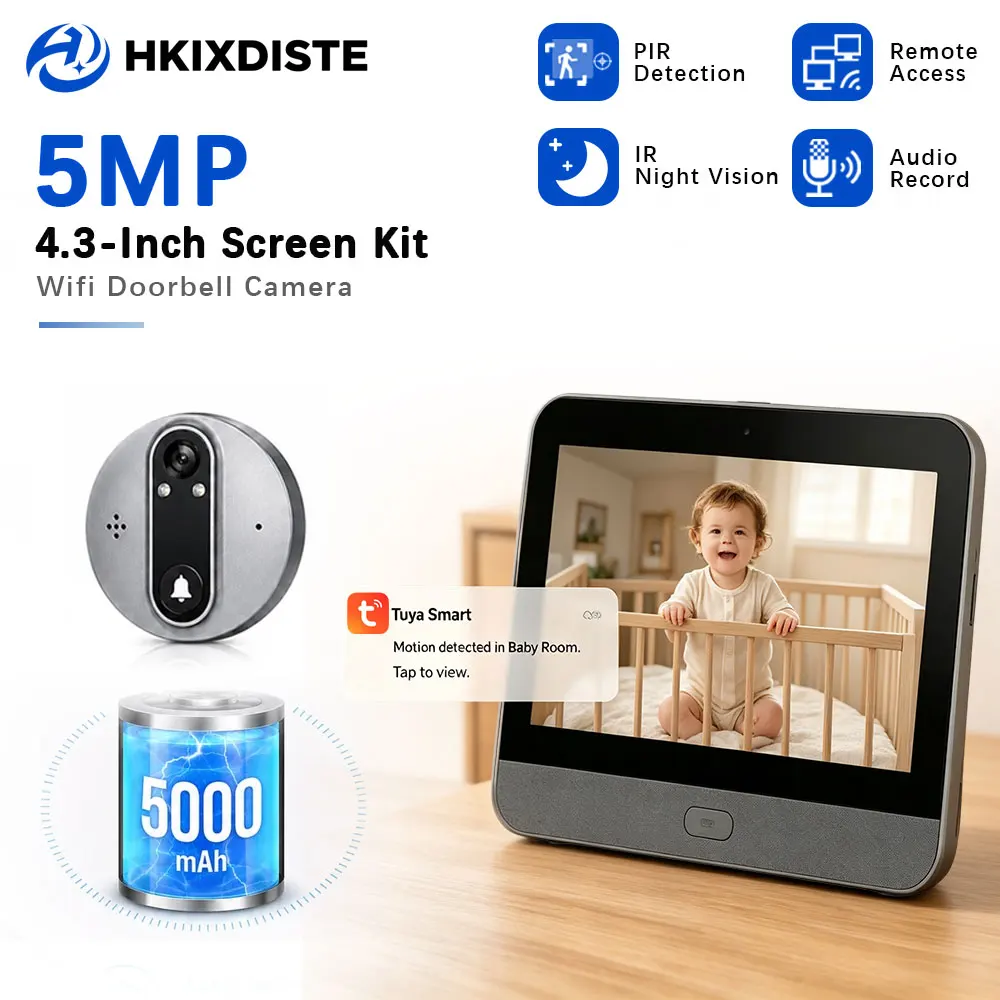 5MP Wireless Video Doorbell 4.3Inch Display Screen Kit Tuya WiFi Remote Viewing PIR Motion Alert IR Night Vision 5000mAh Battery