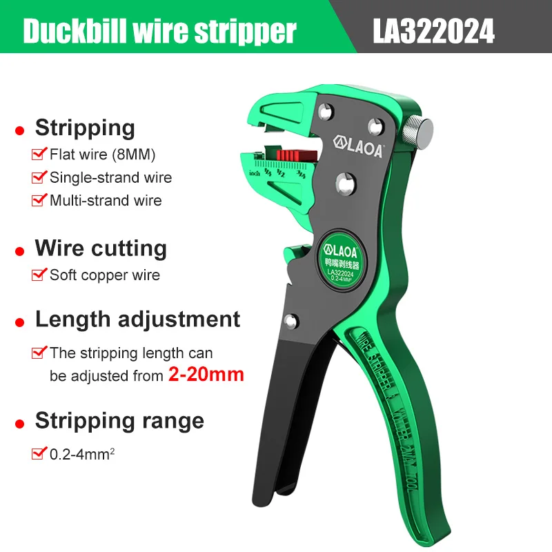 LAOA Mini Automatic Wire Stripper Wire Cutter Duckbill Adjustable Cable Stripper Tool Flat Wire Single Multi-Wire 0.2-4.0mm²