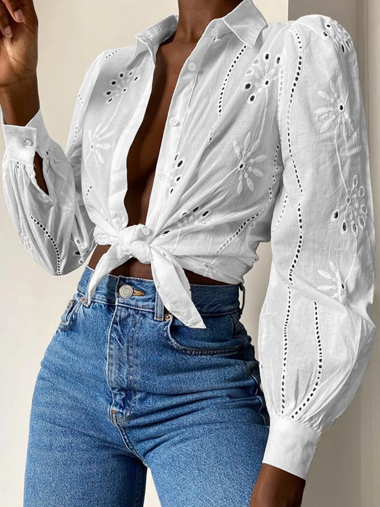 Women's Long-sleeved Hollow Out Button Office Wear Shirts,Shirts & Blouses,Women Clothing,Tops For Women,Clothes,White Shirts