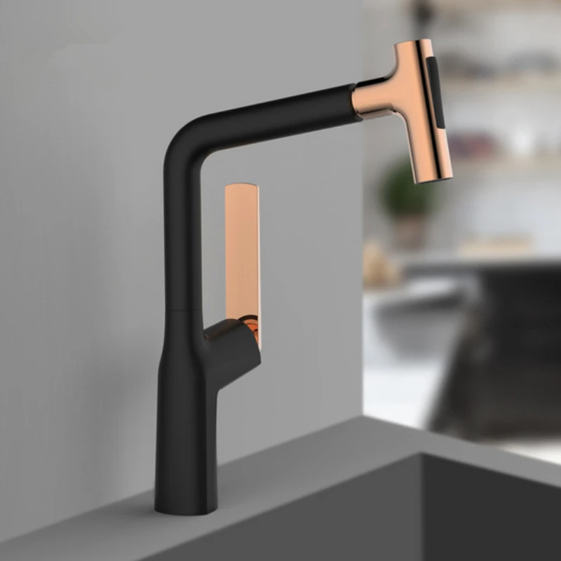 High Quality Luxury Pull Out Spray Deck Mounted Black Rose Gold Kitchen Water Tap Mixer Faucet