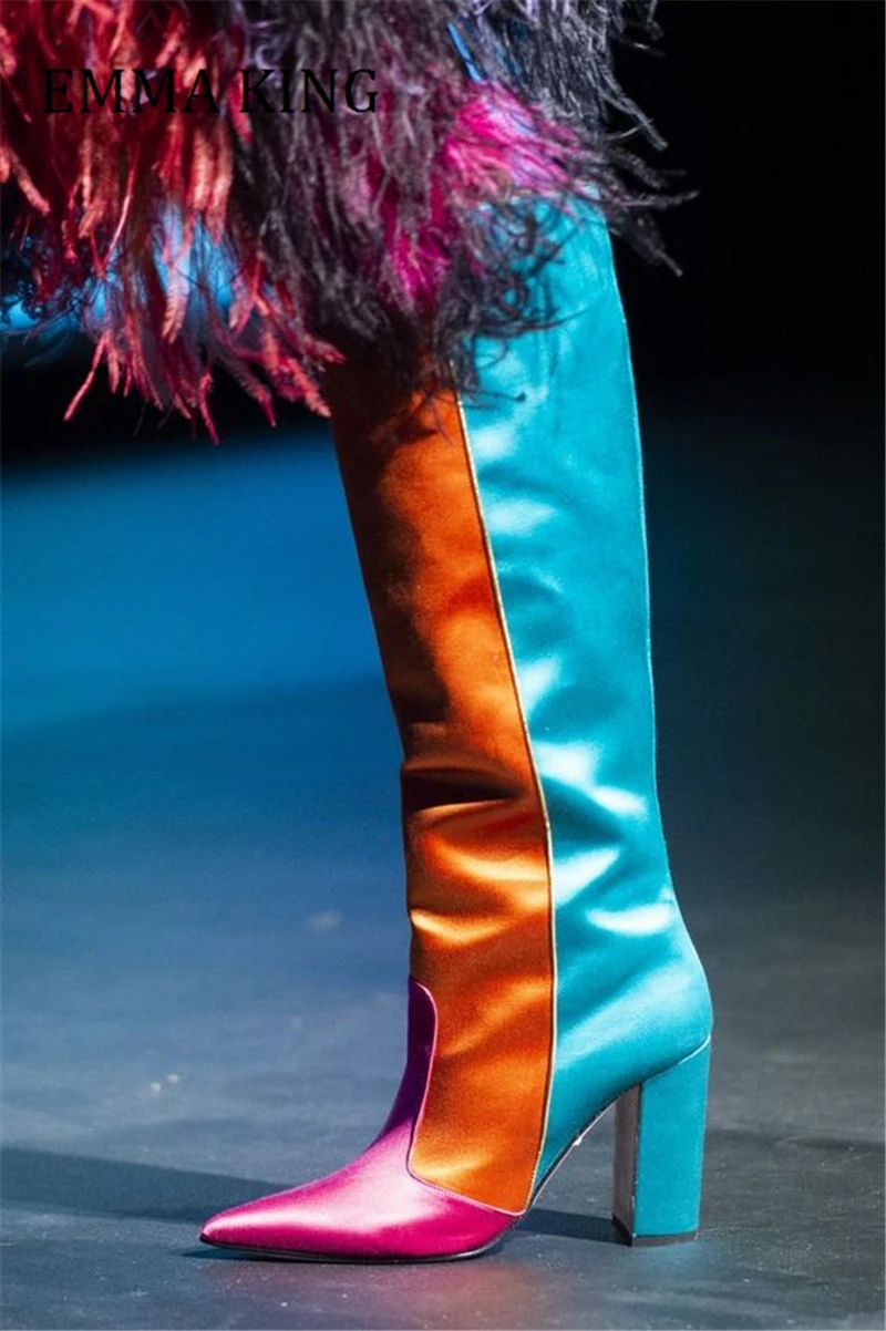 Women Mixed Colors Knee High Boots Sexy Pointy Toe Chunky Heeled Boots Blue Orange Pink Satin Wide Calf Boots Big Large Size 44