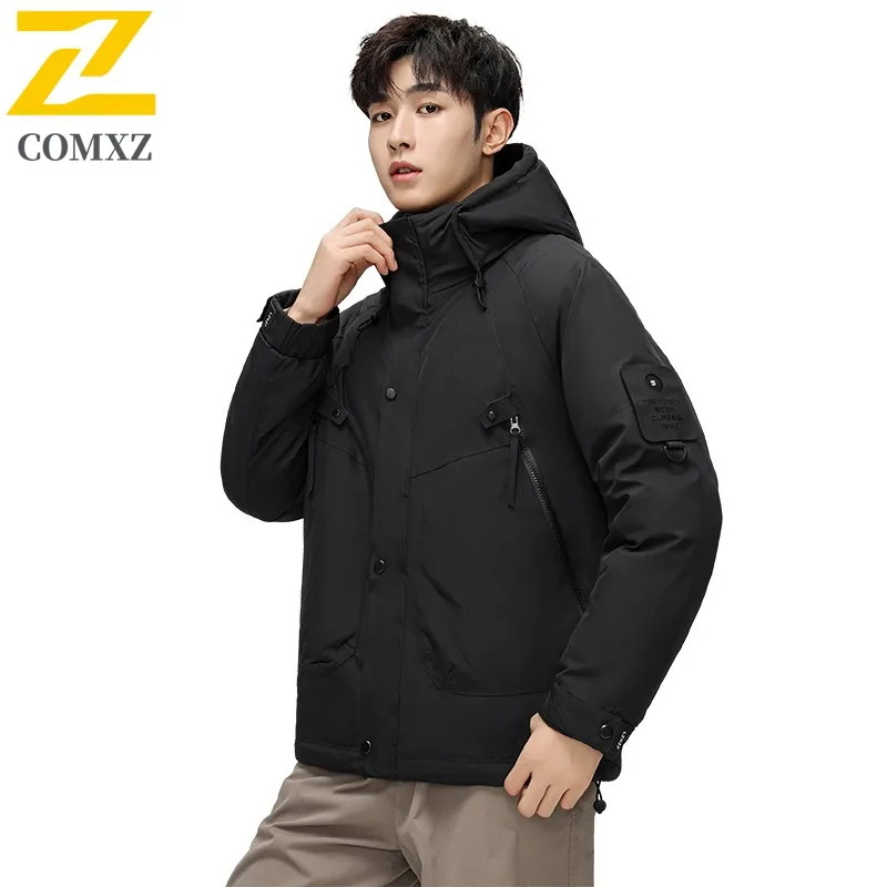 COMXZ Men's Winter Padding Solid Color Hooded Warm Outdoor Adventure Skiing Parker Coat Hiking Hooded Comfortable Puffer Jacket