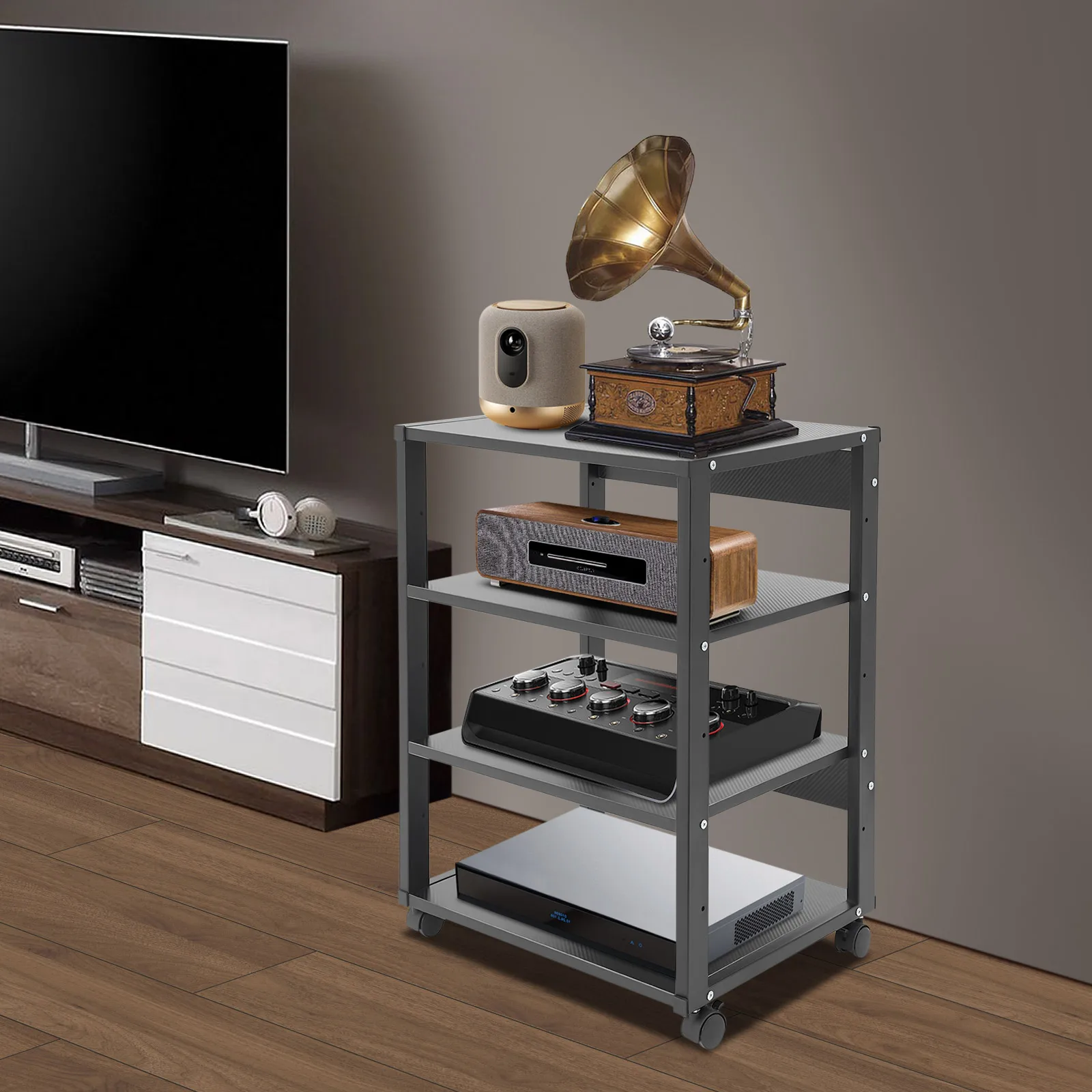 4-Tier Rolling Metal AV Media Rack Stand, Stereo Audio-Video Cabinet Shelf Entertainment Organizer for Game Console, Projector