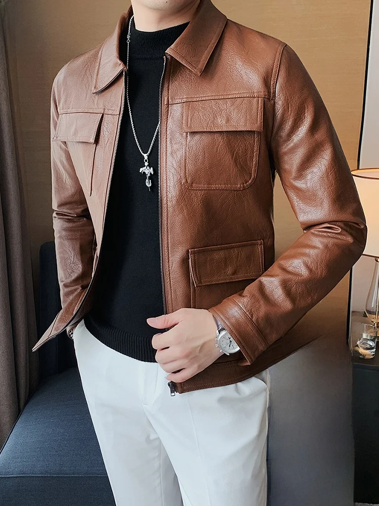 

High-End Leather Jaet for Men Woodpeer Brand Fce Lined Briti Sle Coat Thiened Long Sve Zipper Closure Casual ...