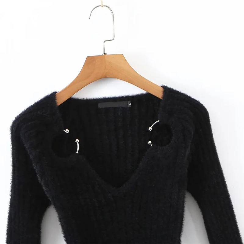 YENKYE New Autumn Women Fashion Hollow Out Black Knit Sweater V Neck Long Sleeves Female Chic Lady Tops