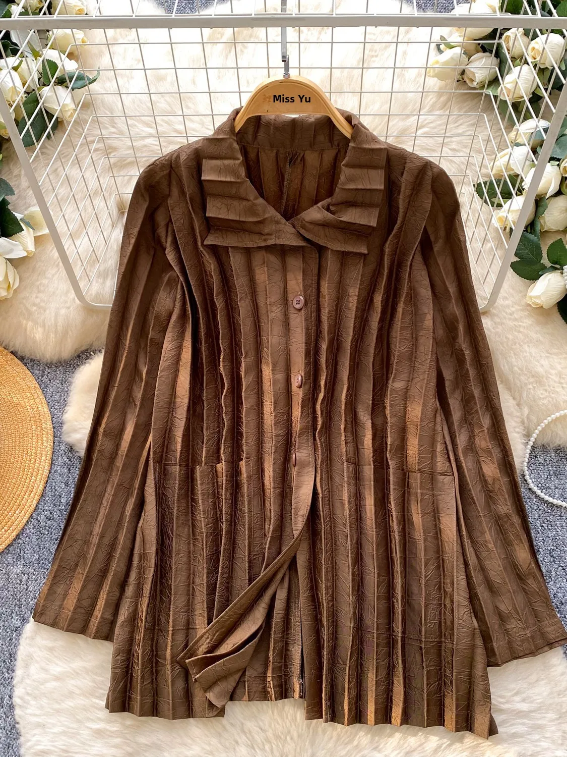 

Свободная женская рубашка в полоску с плиссировкой в корейском стиле, весенняя, из поливолокна, с длинным рукавом, для защиты от солнца, верхняя одежда