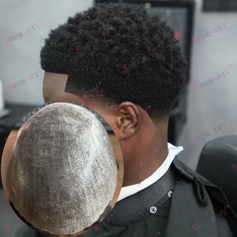 

Супер прочная черная мужская поликожаная основа, система человеческих волос, незаметная, 6 мм, плотные вьющиеся мужские парики, капиллярный протез, шиньоны