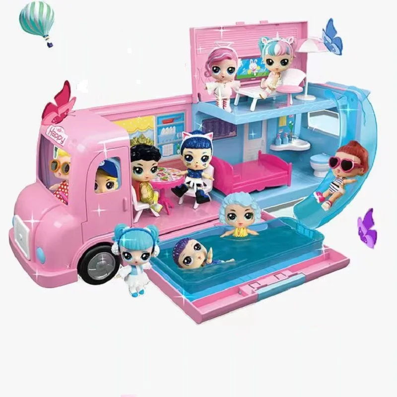 Pretend Motorhome Toy for Kids, Outdoor Dating Car, Móveis, Piscina, Corrediça de água, Holiday Camper, Treval Van, Modelo de Presente para Menina,