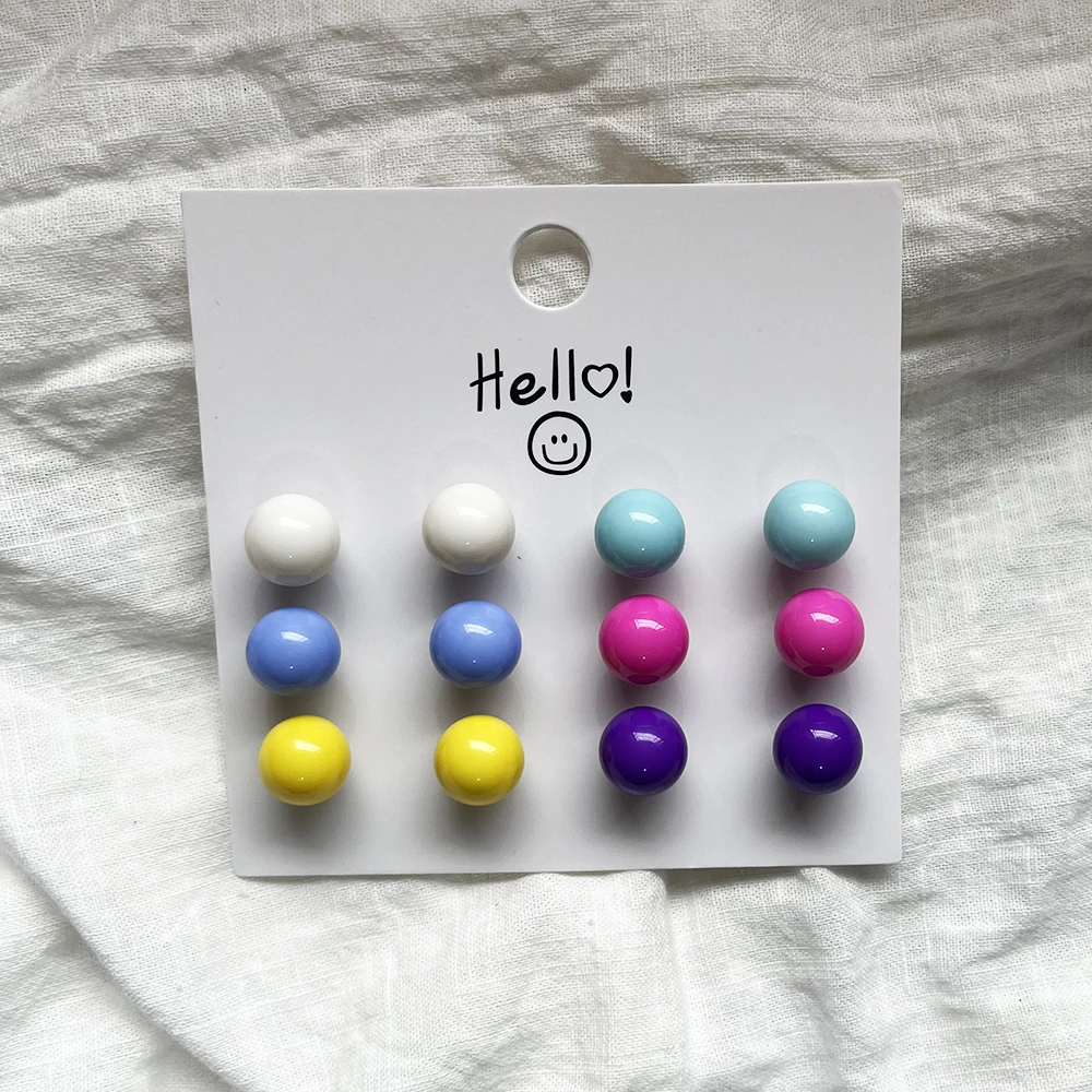 New Fashion Cute 6Pair/set Colorful Candy Color Bead Stud Earring Set For Women Girls Jewelry Classic Stainless Steel Earrings