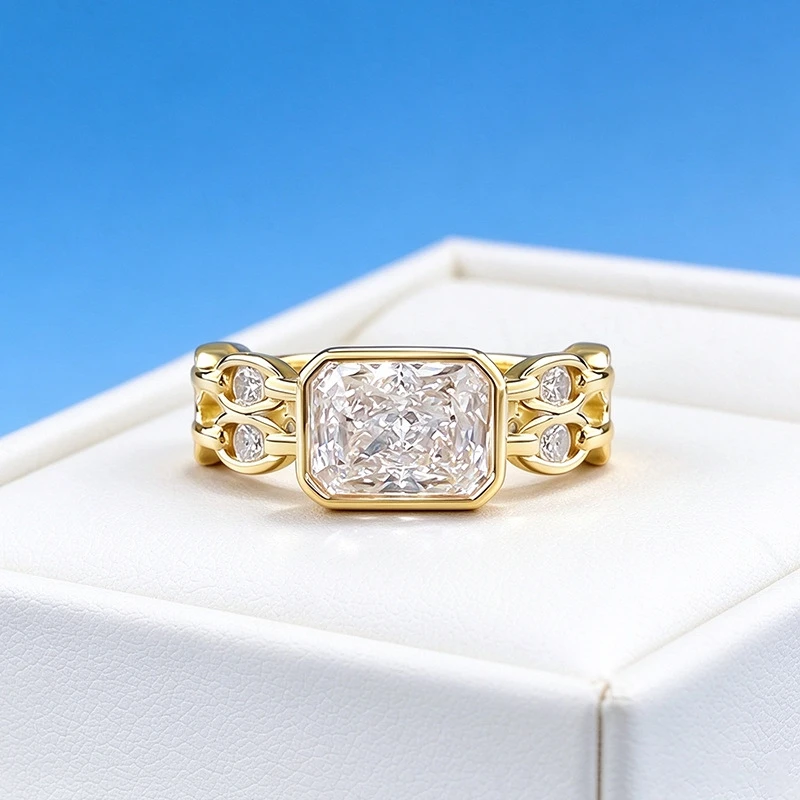 MuShan Jewelry Real 925 Sterling Silver Jewelry Zircon Gold Plated Double Layer Hollow Chain Ring 6X8mm Rectangular Ice Flower
