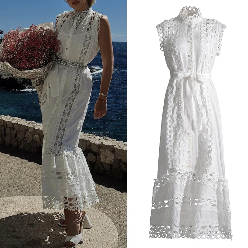 Französisches Vintage-Spitzenkleid 2025, Sommer, Rundhalsausschnitt, ärmellos, aushöhlen, durchsichtig, einfarbig, langes Kleid, Damen, Urlaub, Pendler