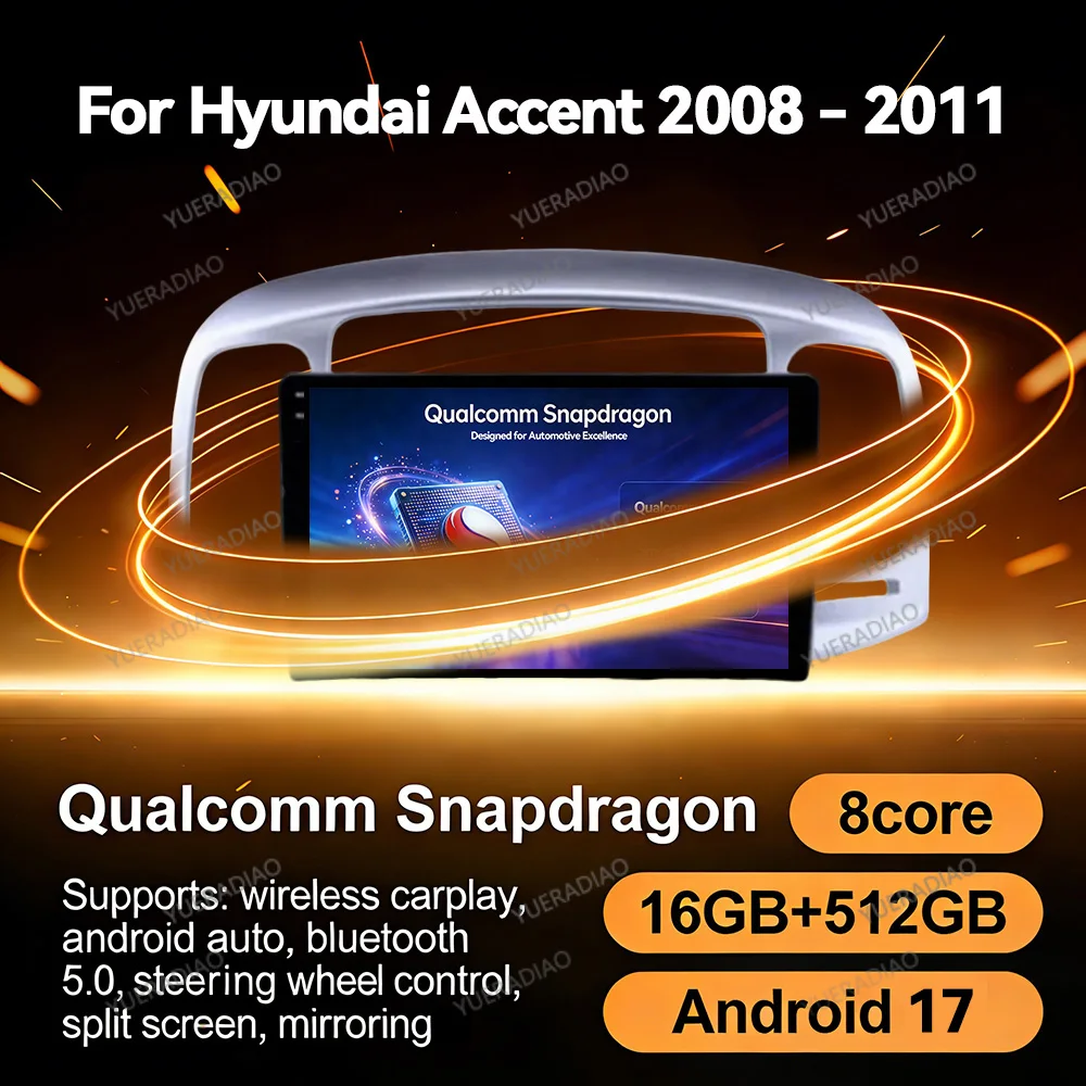 Autoradio Android 17 pour Hyundai Accent 2008 - 2011 Qualcomm Carplay Multimédia Automobile Double Din DVD BT FM
