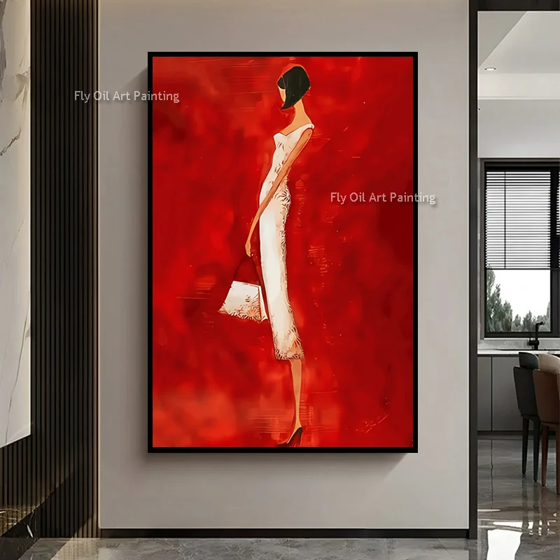 Large Special Green Black Girl Rides Horse Oil Painting Hand Drawn Abstract Red White Elegance Women Canvas Wall Art Decor For R