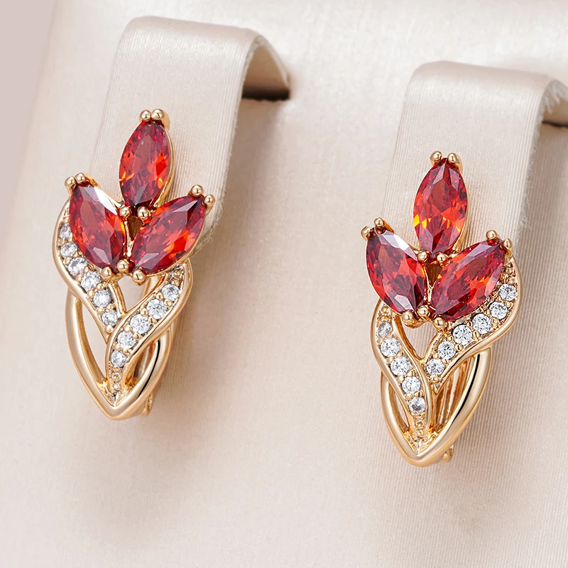 Kinel neue Roségold Farbe Kristall blatt Tropfen Ohrringe für Frauen rot natürlichen Zirkon Accessoires Party täglichen Vintage Schmuck