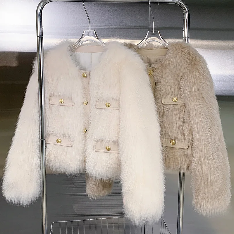معاطف نسائية من الفرو الصناعي سترات من الفرو الصلب جيب رقبة مستديرة وأكمام طويلة واحدة الصدر سميكة دافئة الفراء عادية 2025 خريف شتاء