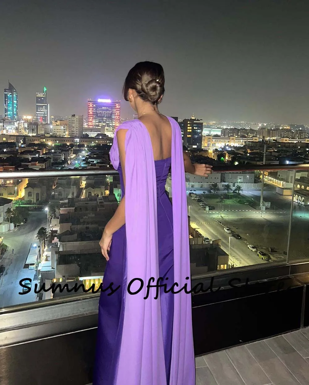 Sumnus Purple Mermaid Saudi Arabic Evening Dresses with Cape Satin Dubai Formal Women Gowns Floor Length Evening Party Dress