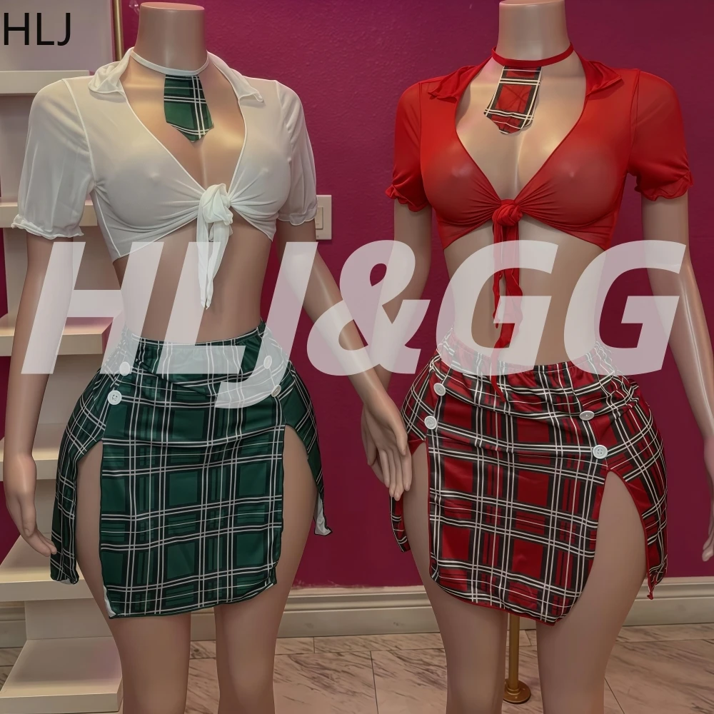 

HLJ Sexy Woman 2 Piece Set Outfit Deep V-neck Short Sleeve Bow Patchwork Crop Top and Checkered Print Skirt Female Streetwear