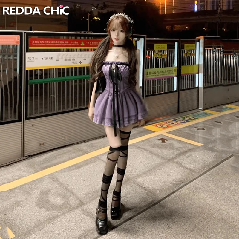 

Мини-платье-корсет REDDACHiC с лентами, фиолетовое, винтажное, из глянцевого атласа, с кружевными вставками, цельное, летнее, женская одежда