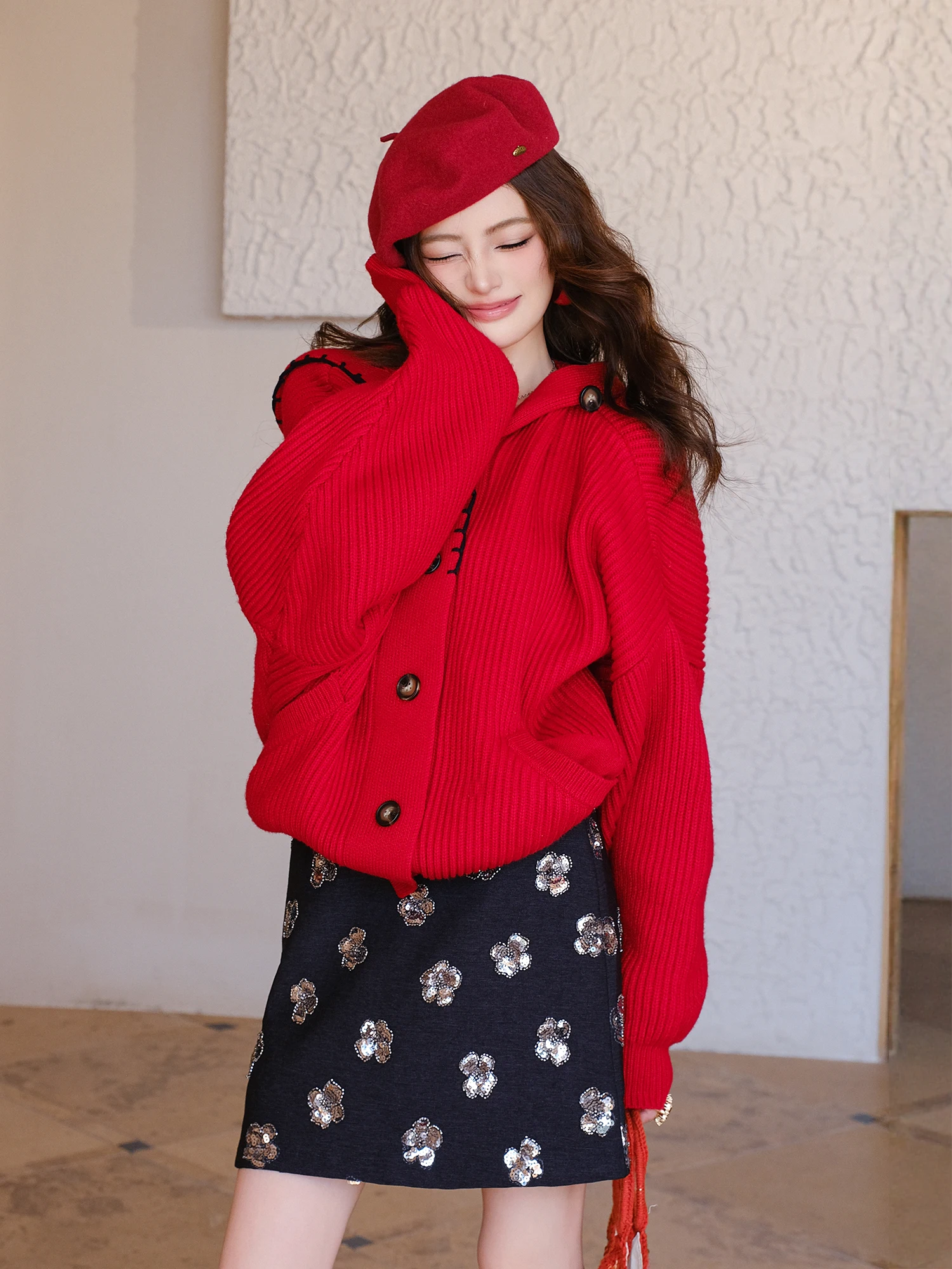 

Кардиган MIUCO Paris Red Anti-Ball, вязаный, женский, свободный крой, в стиле колор-блок, осенне-зимний, с длинными рукавами